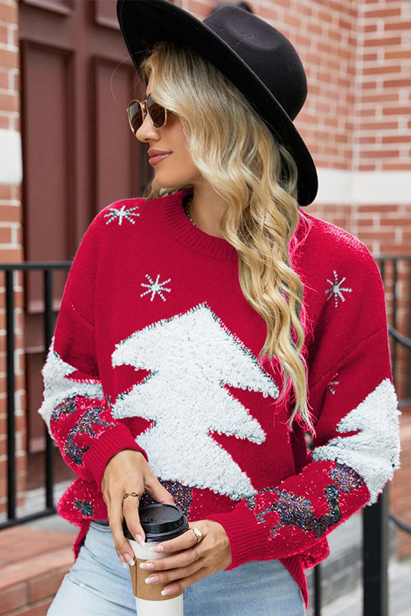 CHRISTMAS PINE TREE PRINTED CASUAL SWEATER - Doublju