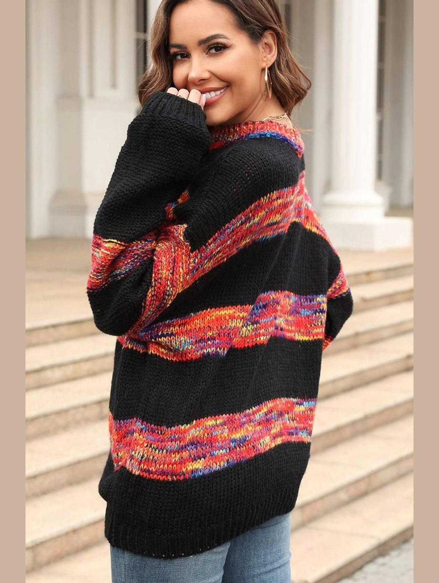 COLOR BLOCK OVERSIZED LOOSE FIT PULLOVER SWEATER - Doublju