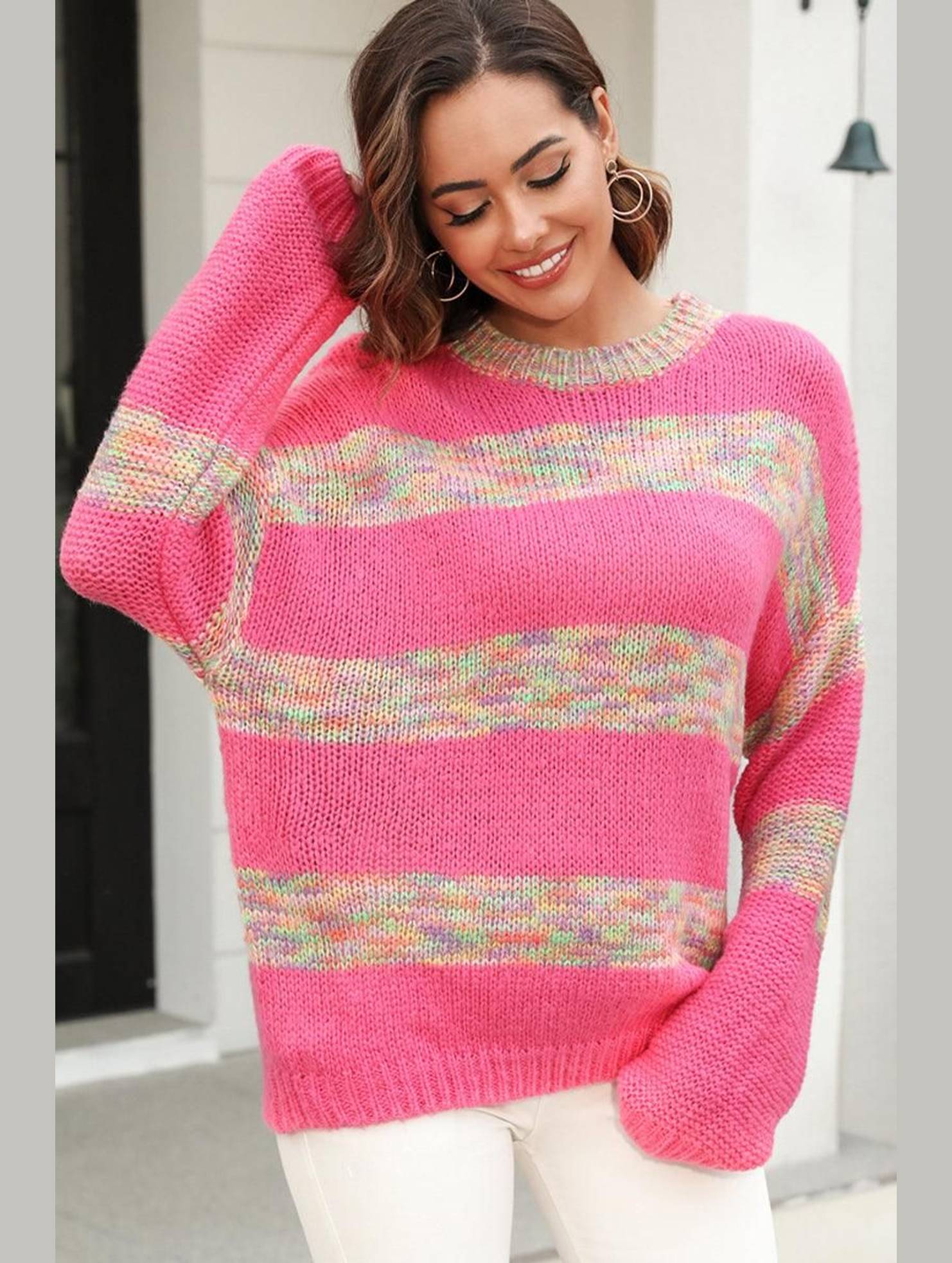 COLOR BLOCK OVERSIZED LOOSE FIT PULLOVER SWEATER - Doublju