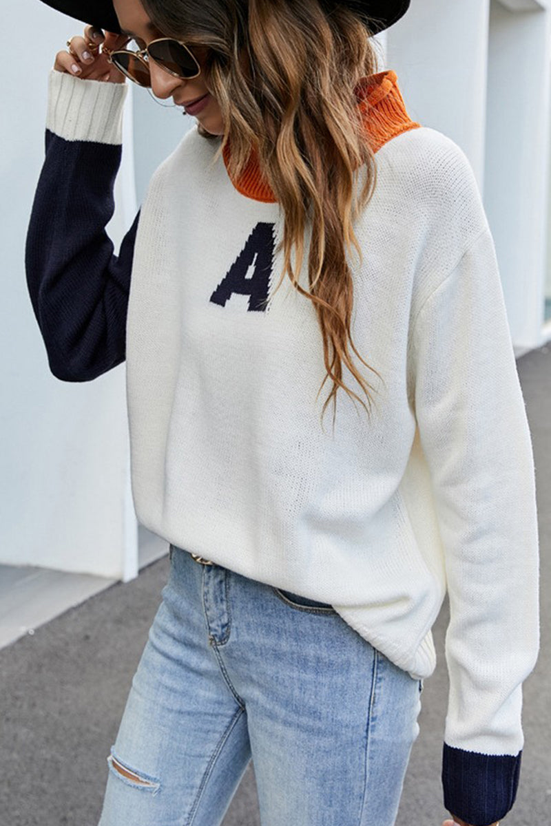 WOMEN COLOR BLOCK A PRINTING HIGH NECK KNIT TOP