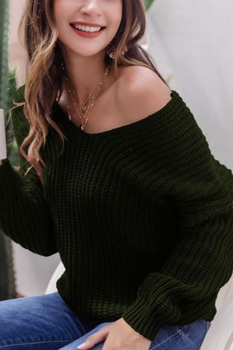 WOMEN CHUNKY KNITTED LOOSE FIT SOLID SWEATER