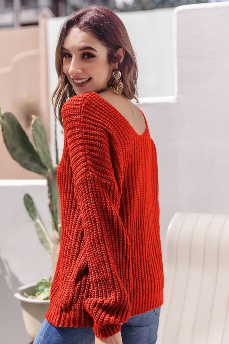 WOMEN CHUNKY KNITTED LOOSE FIT SOLID SWEATER