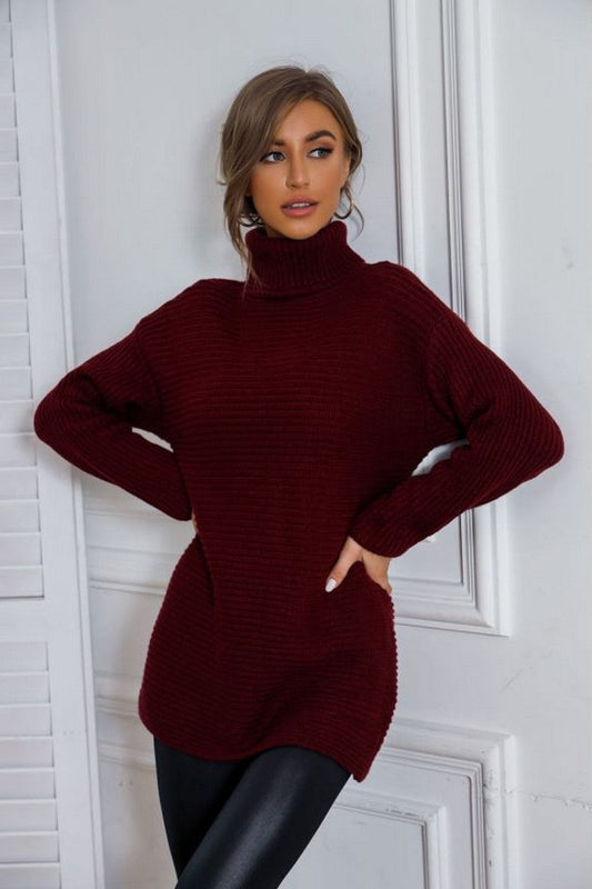 WOMEN LOOSE FIT TUNIC LENGTH HIGH NECK SWEATER