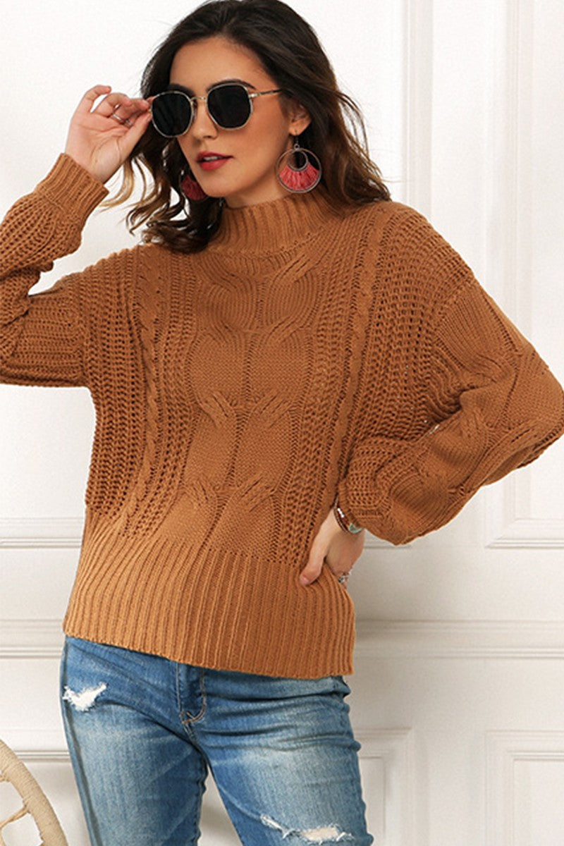WOMEN CABLE KNIT HIGH NECK SOLID WINTER SWEATER