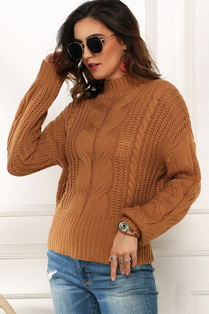 WOMEN CABLE KNIT HIGH NECK SOLID WINTER SWEATER
