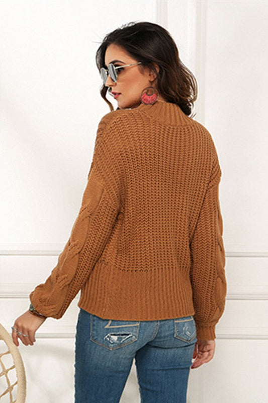 WOMEN CABLE KNIT HIGH NECK SOLID WINTER SWEATER