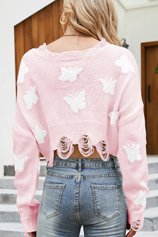 WOMEN BUTTERFLY PRINT DISTRESSED CROP SWEATER