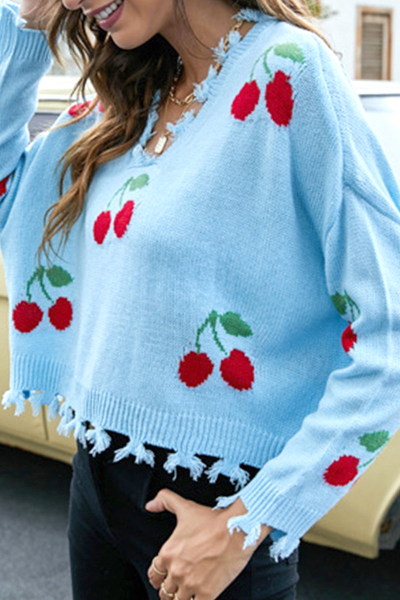 WOMEN CUTE CHERRY STITCHED DISTRESSED SWEATSHIRT