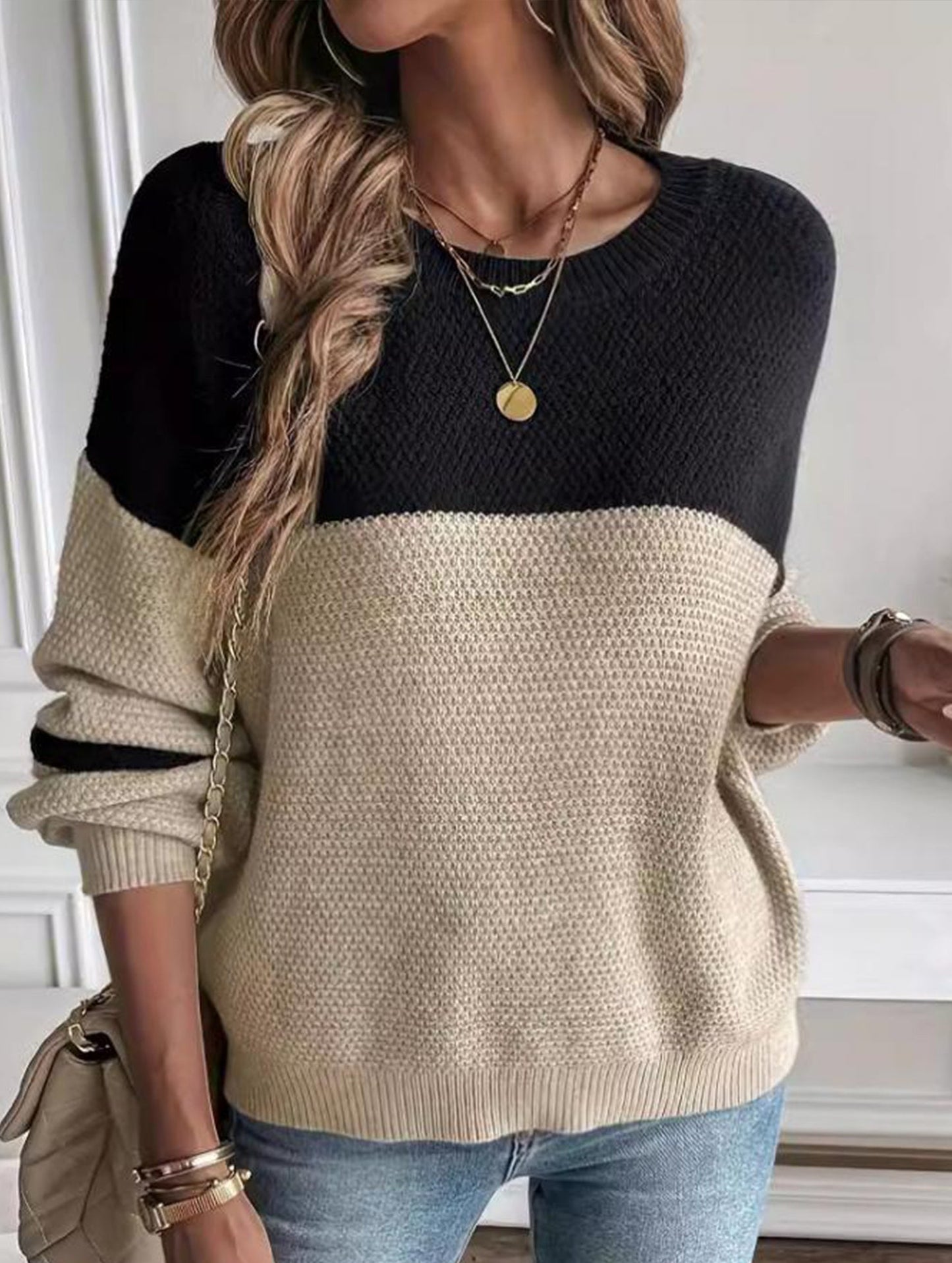 Casual colorblock knitted crewneck sweater