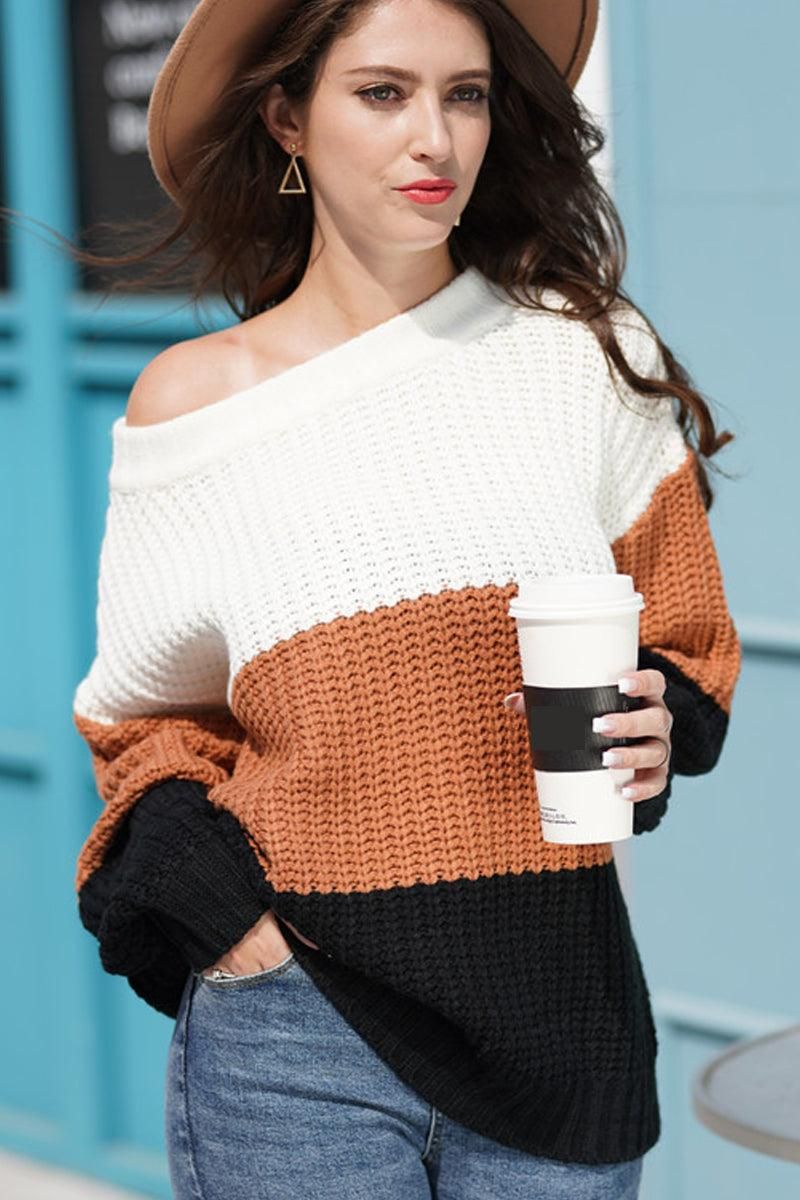 COLOR BLOCK CHUNKY KNIT LOOSE SWEATER - Doublju