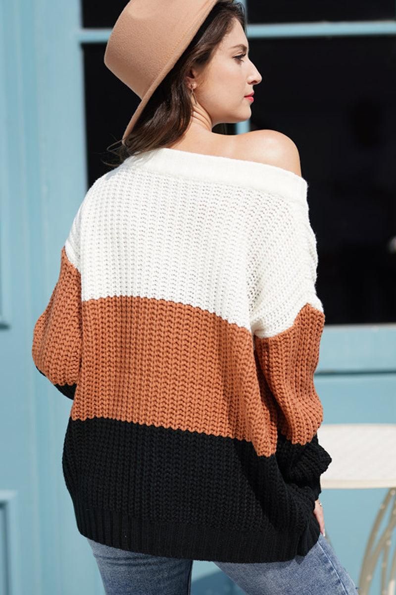 COLOR BLOCK CHUNKY KNIT LOOSE SWEATER - Doublju
