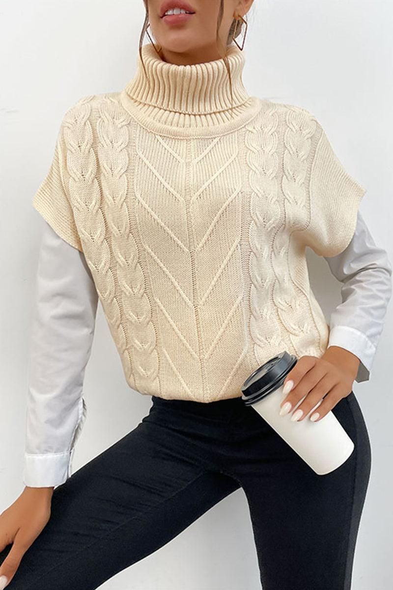 CABLE KNIT TURTLE NECK SHORT SLEEVE SWEATER - Doublju