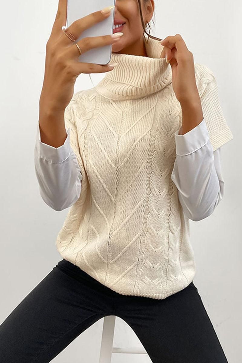 CABLE KNIT TURTLE NECK SHORT SLEEVE SWEATER - Doublju