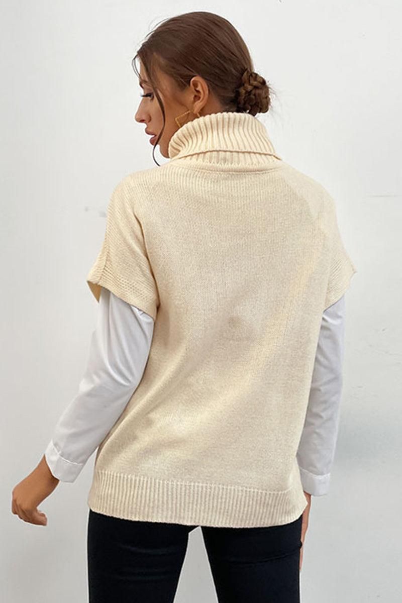 CABLE KNIT TURTLE NECK SHORT SLEEVE SWEATER - Doublju
