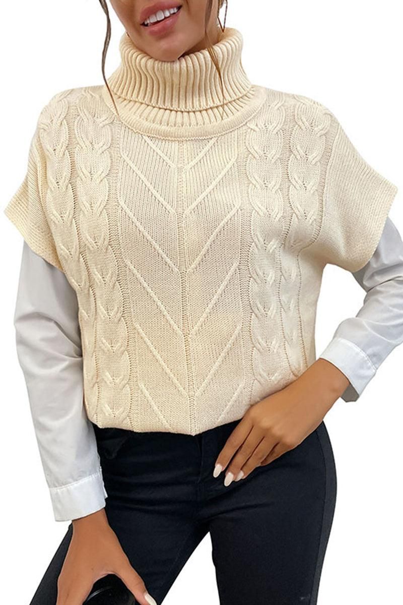 CABLE KNIT TURTLE NECK SHORT SLEEVE SWEATER - Doublju