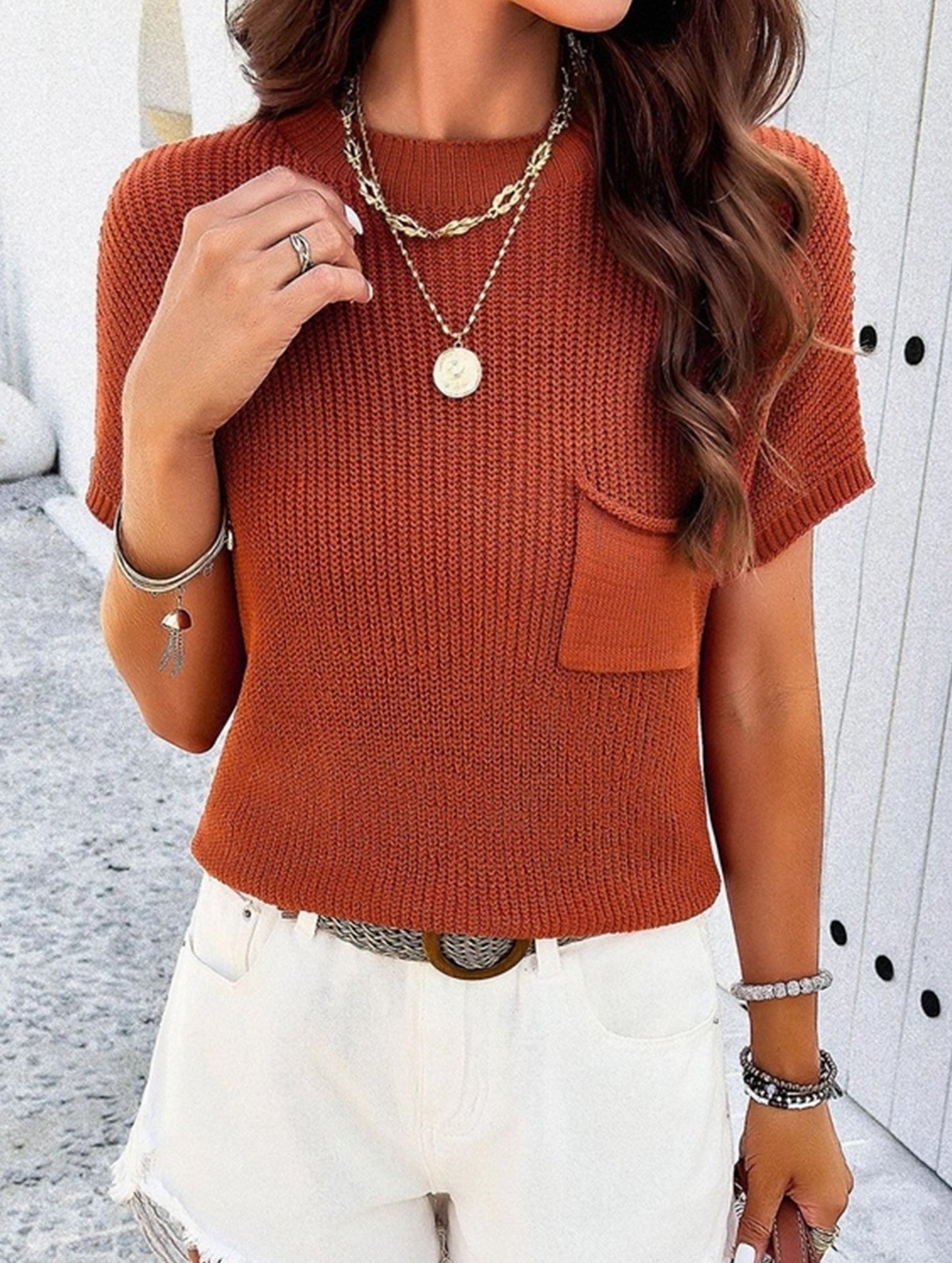 CASUAL SOLID COLOR SHORT SLEEVE HIGH NECK SWEATER_CWOSWS0017