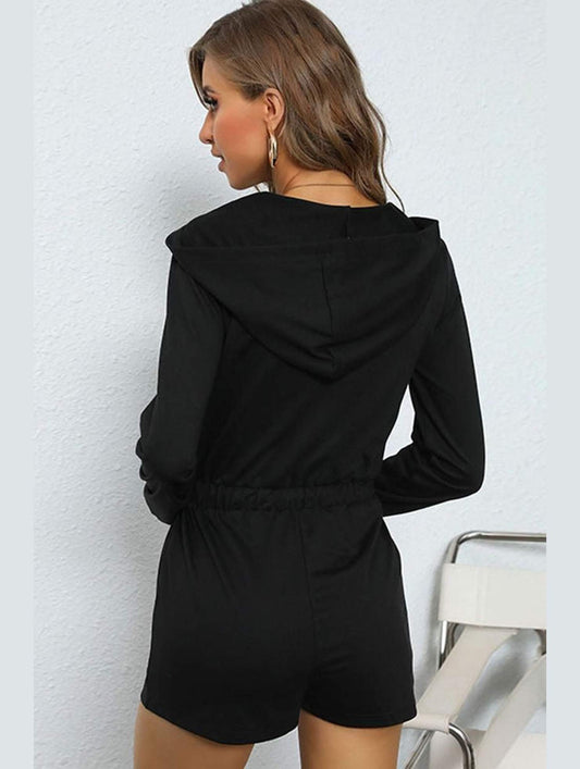 ZIP UP HODDIE DRAWSTRING LONG SLEEVED JUMPSUIT - Doublju
