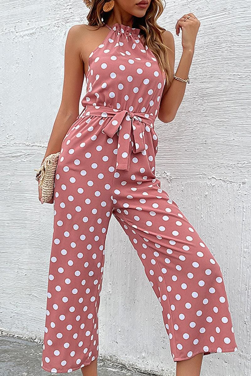 DOT HALTER NECK TIED WAIST WIDE JUMPSUIT - Doublju