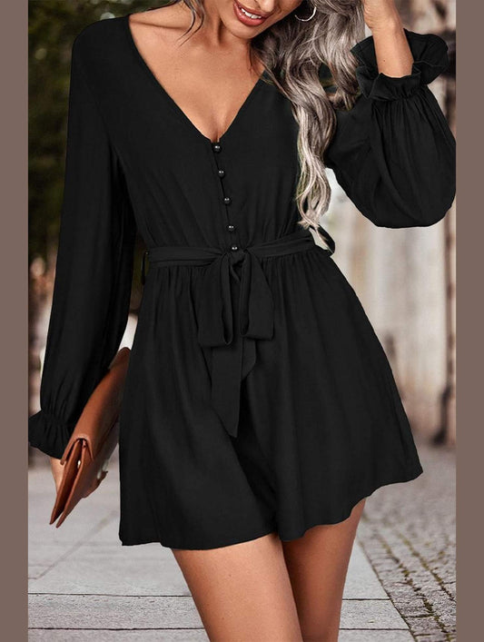 WAIST TIED SEXY DEEP V NECK DRESS - Doublju