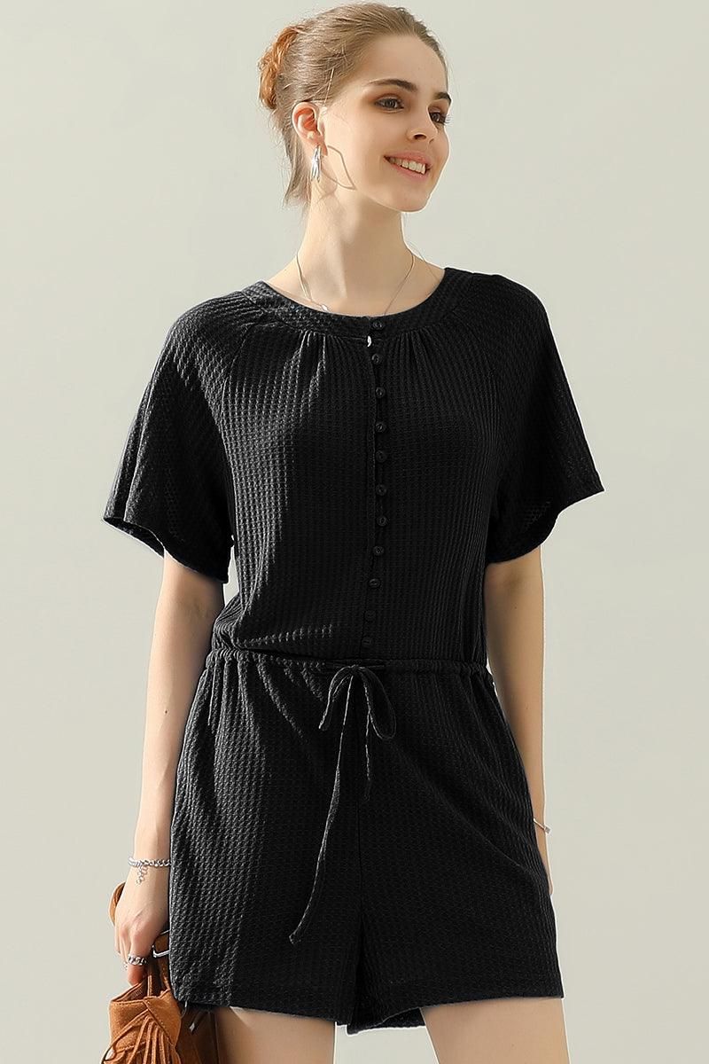 BUTTON UP TIED WAIST ROMPER - Doublju