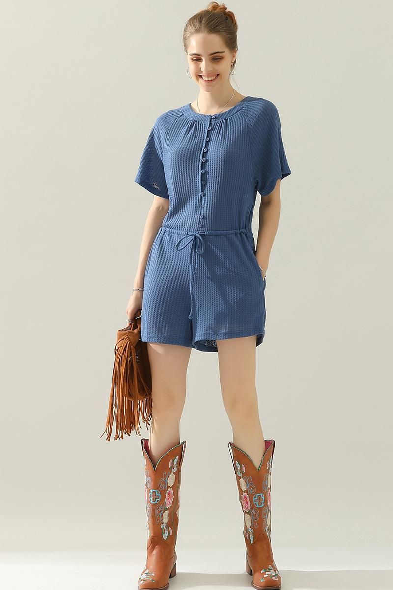 BUTTON UP TIED WAIST ROMPER - Doublju