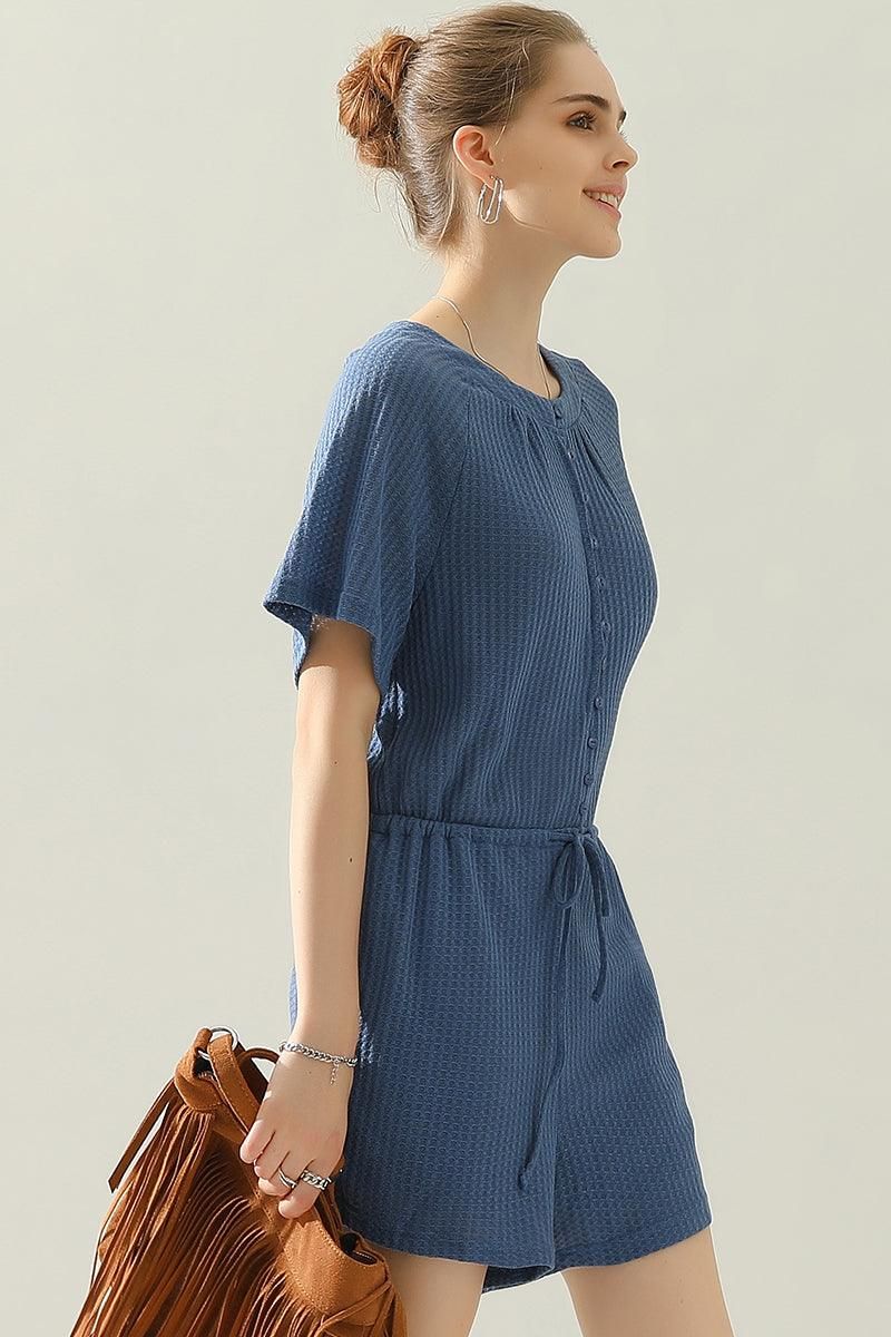 BUTTON UP TIED WAIST ROMPER - Doublju