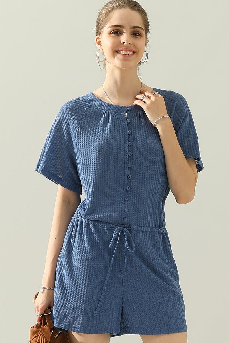 BUTTON UP TIED WAIST ROMPER - Doublju