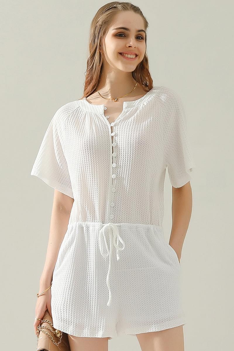 BUTTON UP TIED WAIST ROMPER - Doublju