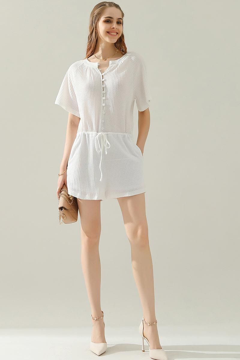 BUTTON UP TIED WAIST ROMPER - Doublju