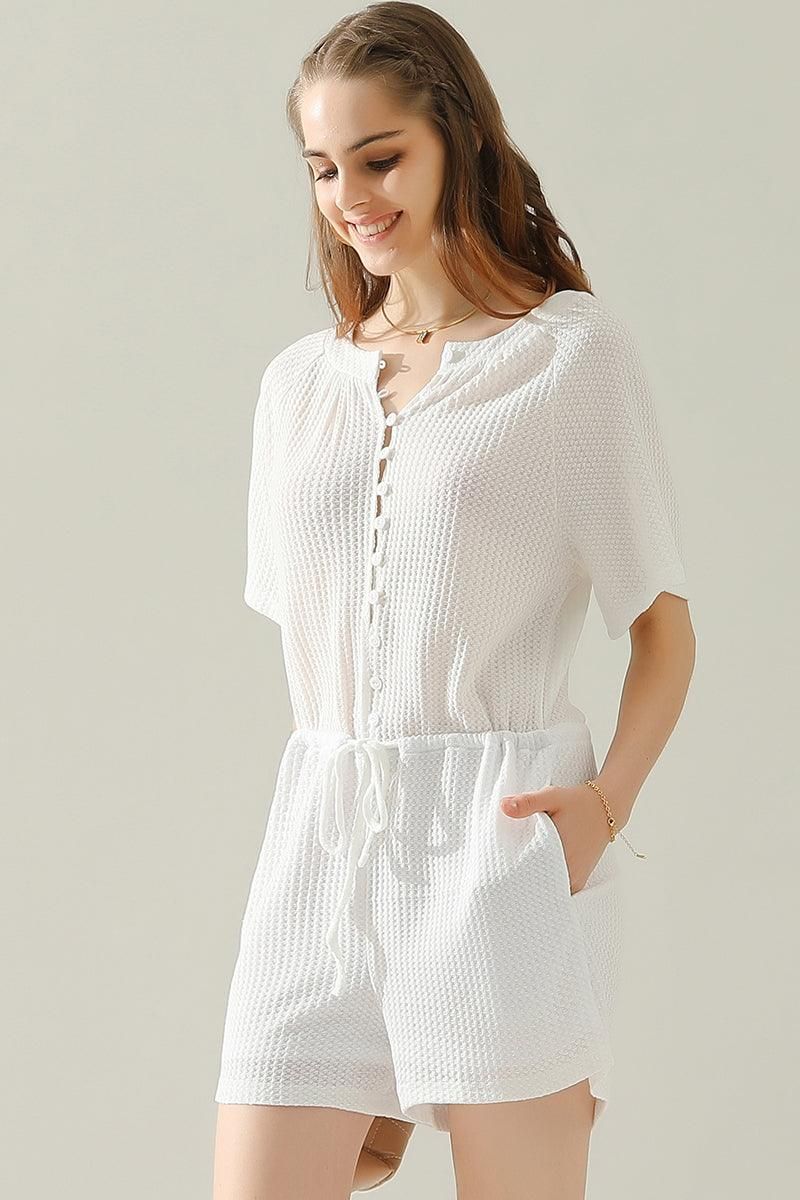 BUTTON UP TIED WAIST ROMPER - Doublju