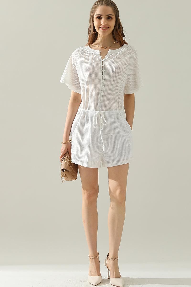 BUTTON UP TIED WAIST ROMPER - Doublju