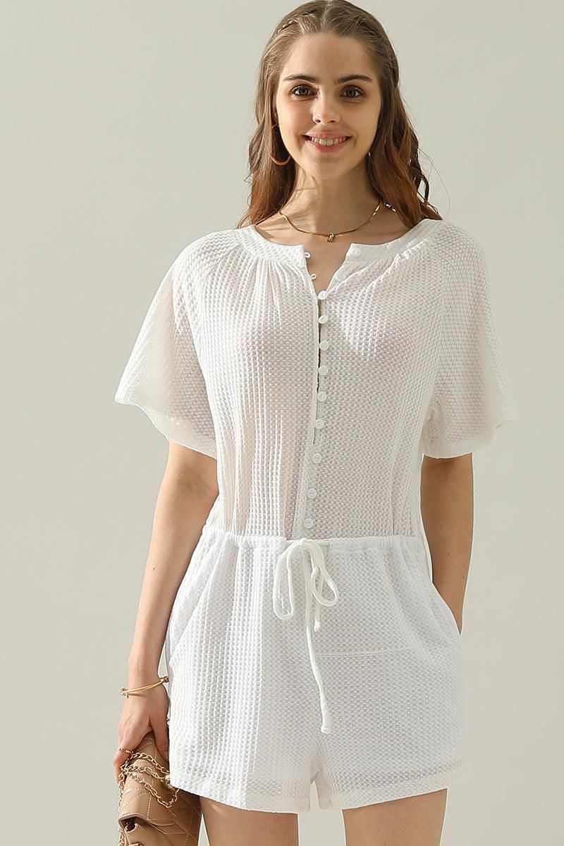 BUTTON UP TIED WAIST ROMPER - Doublju