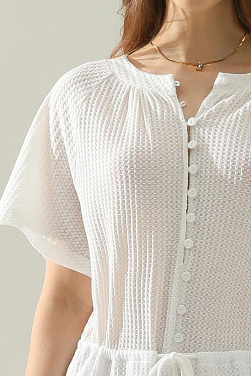 BUTTON UP TIED WAIST ROMPER - Doublju