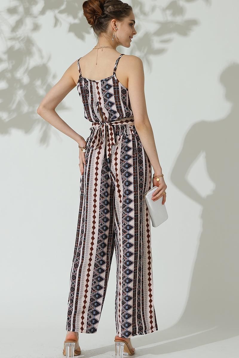 BOHEMIAN SUSPENDER CROP TOP AND WIDE PANTS SET - Doublju