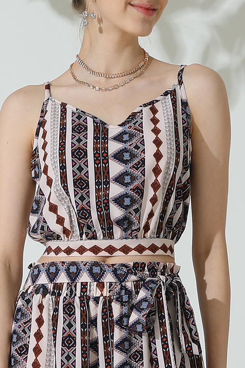 BOHEMIAN SUSPENDER CROP TOP AND WIDE PANTS SET - Doublju