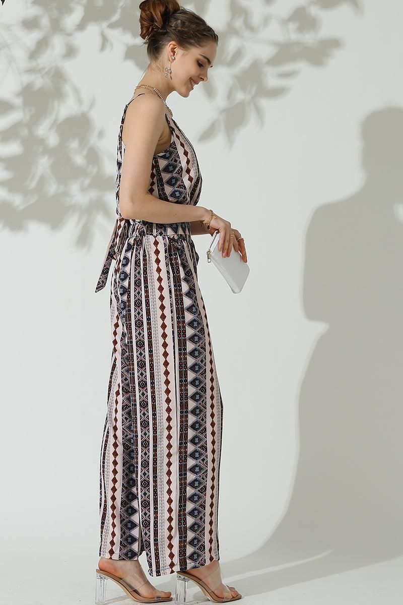 BOHEMIAN SUSPENDER CROP TOP AND WIDE PANTS SET - Doublju