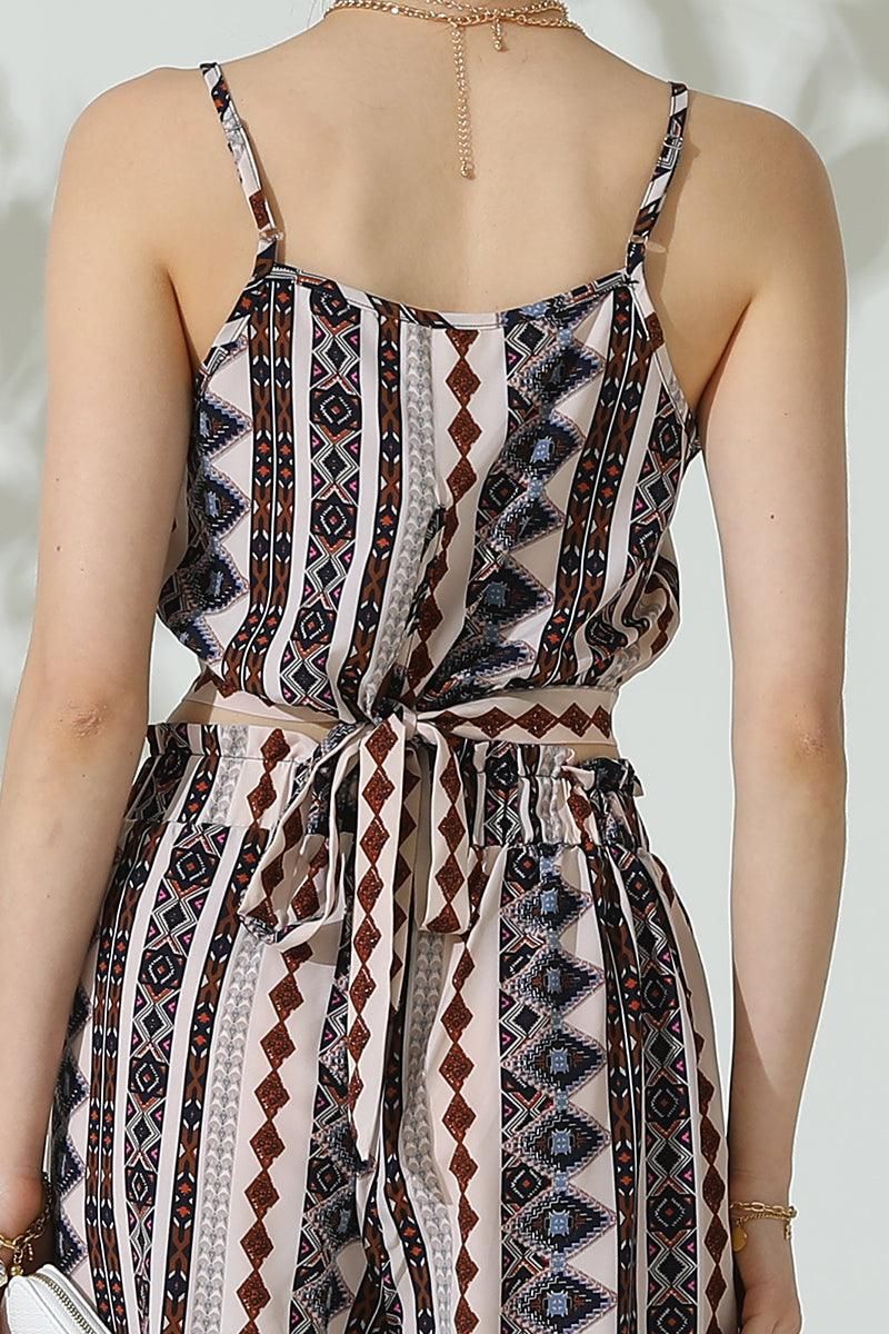 BOHEMIAN SUSPENDER CROP TOP AND WIDE PANTS SET - Doublju