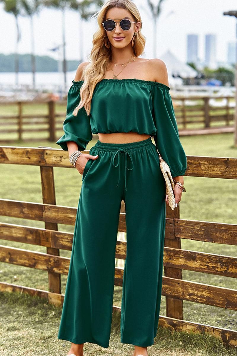 BALLON OFF SHOULDER CROP TOP AND WIDE PANTS SET - Doublju
