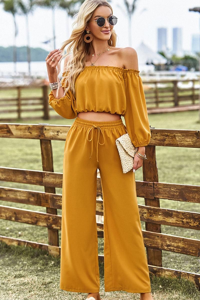 BALLON OFF SHOULDER CROP TOP AND WIDE PANTS SET - Doublju