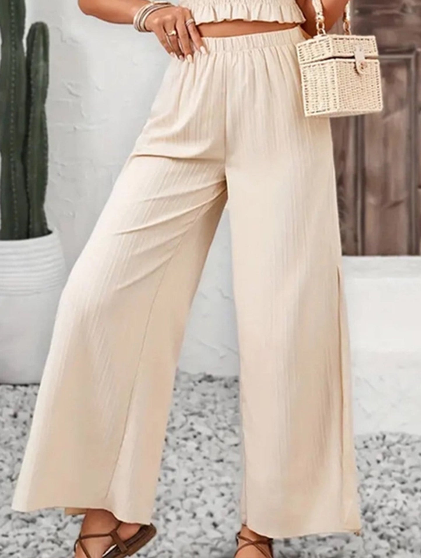 Jacquard striped straight slacks with halters