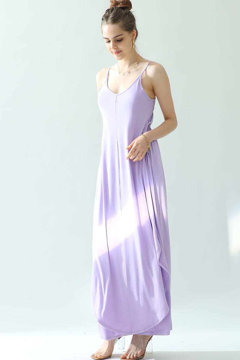 BACK CROPED STRAP DRESS AND WIDE LONG PANT SET - Doublju