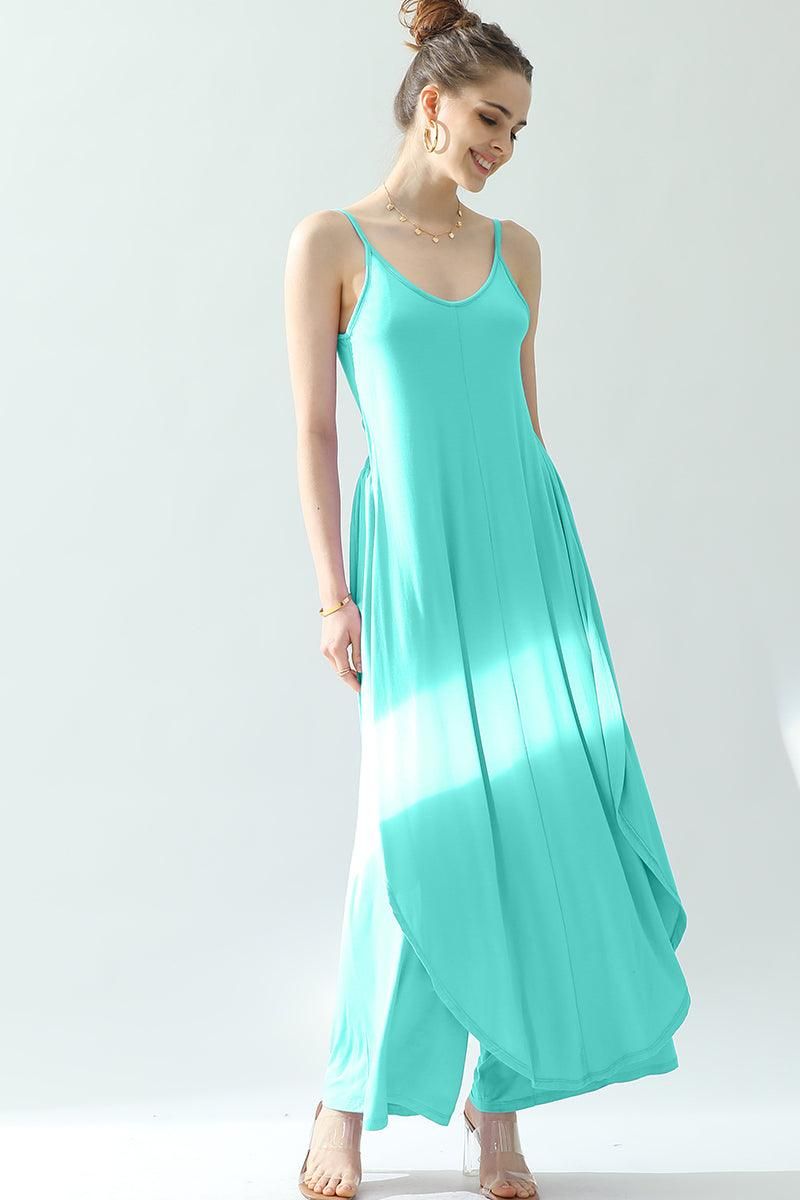 BACK CROPED STRAP DRESS AND WIDE LONG PANT SET - Doublju