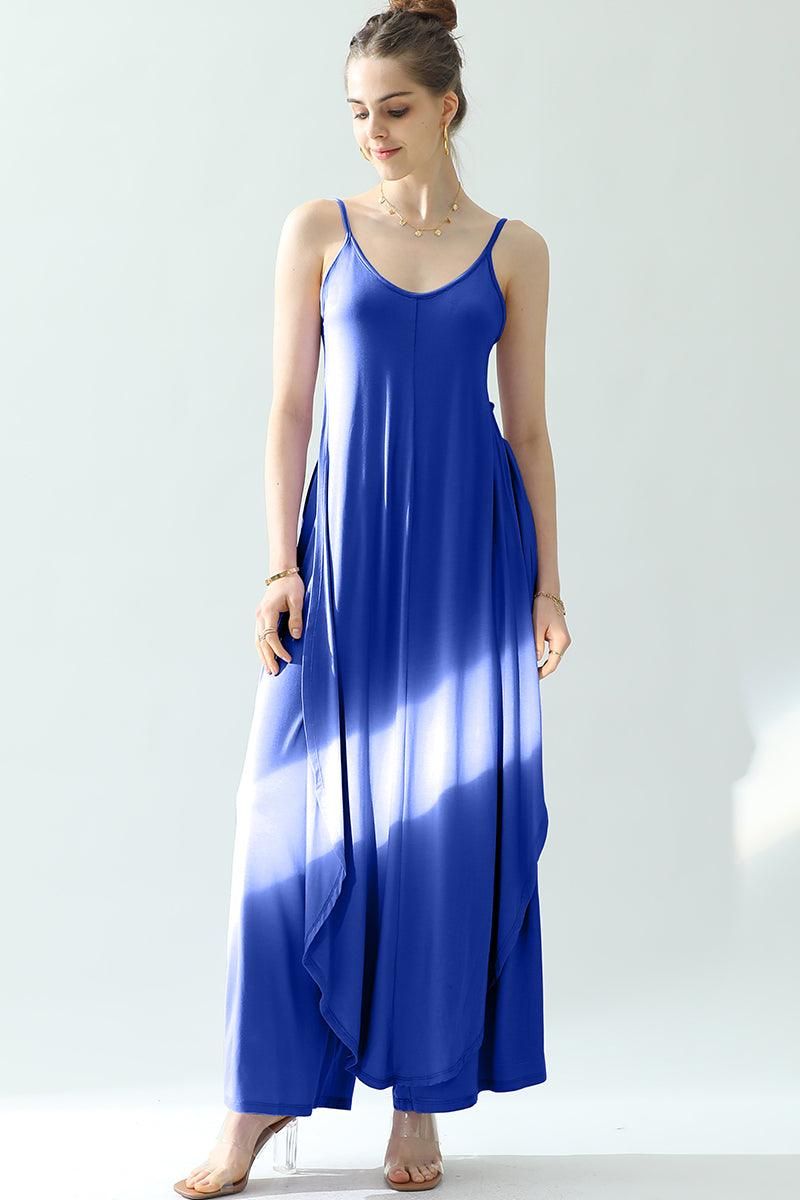 BACK CROPED STRAP DRESS AND WIDE LONG PANT SET - Doublju