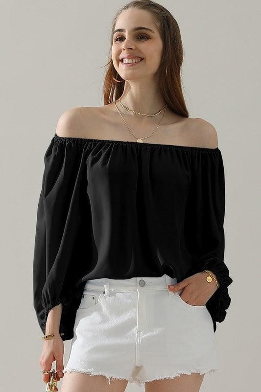 BALLON SLEEVE OFF SHOULDER CHIFFON BLOUSE - Doublju