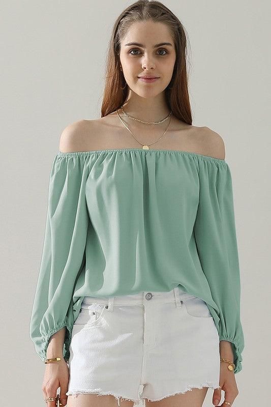 BALLON SLEEVE OFF SHOULDER CHIFFON BLOUSE - Doublju