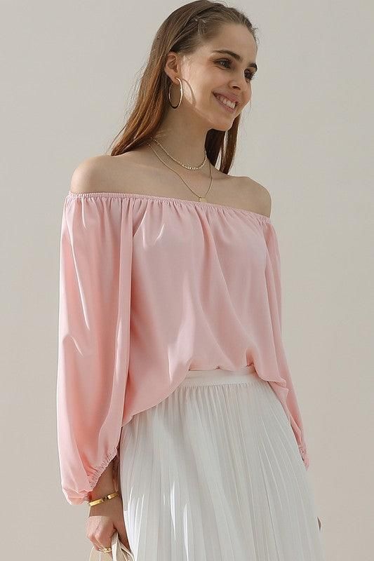 BALLON SLEEVE OFF SHOULDER CHIFFON BLOUSE - Doublju