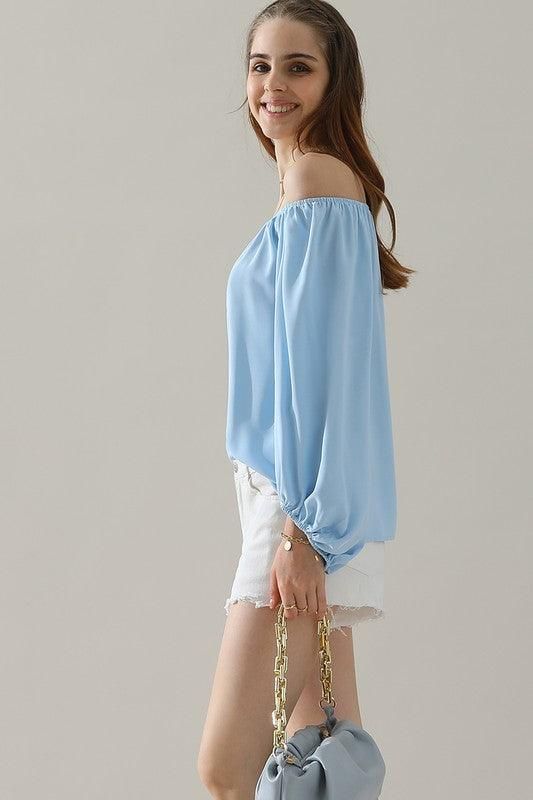 BALLON SLEEVE OFF SHOULDER CHIFFON BLOUSE - Doublju