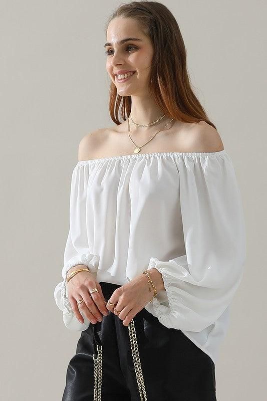 BALLON SLEEVE OFF SHOULDER CHIFFON BLOUSE - Doublju