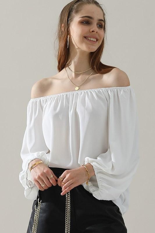 BALLON SLEEVE OFF SHOULDER CHIFFON BLOUSE - Doublju