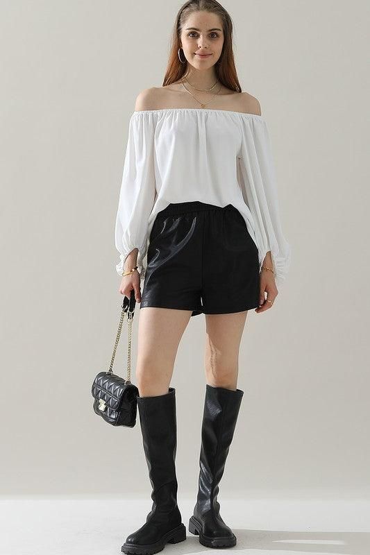 BALLON SLEEVE OFF SHOULDER CHIFFON BLOUSE - Doublju